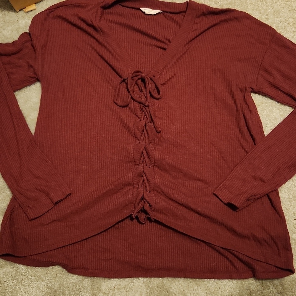 Areopostale Shirt Womens Medium Burgundy Lace Up Ribbed Long Sleeve Bodycon